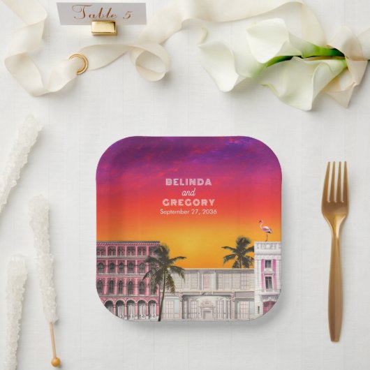 Miami Beach Rainbow Row Charleston Palm Wedding ペーパープレート (ウェディング)