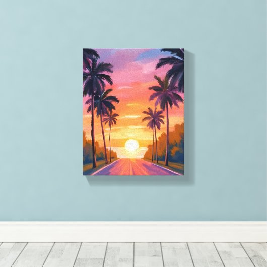 Miami Beach Sunset Palm Tree Tropical キャンバスプリント (インサイチュ (ウッドフロア))