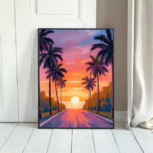 Miami Beach Sunset Palm Tree Tropical ポスター