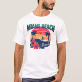 Miami Beach Surfer Sunset Hibiscus Florida Travel Tシャツ (正面)