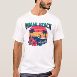 Miami Beach Surfer Sunset Hibiscus Florida Travel Tシャツ