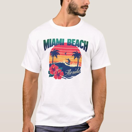 Miami Beach Surfer Sunset Hibiscus Florida Travel Tシャツ (正面)