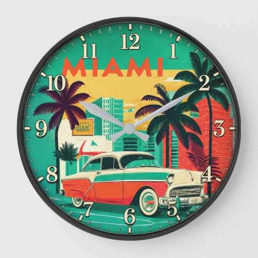 Miami Beach Vintage Car ラージ壁時計 (正面)