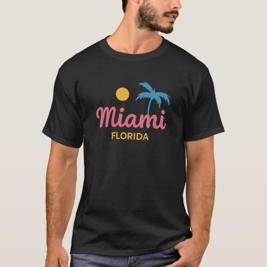Miami Florida Script Palm Tree Sunset Minimalist Tシャツ (正面)