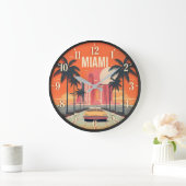 Miami Florida Sunset Retro Coastal Cityscape ラージ壁時計 (ホーム)