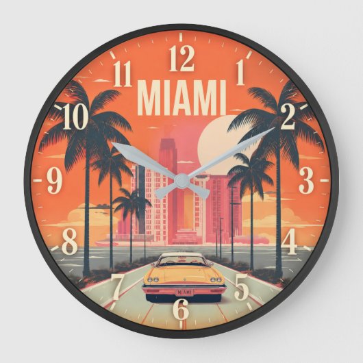 Miami Florida Sunset Retro Coastal Cityscape ラージ壁時計 (正面)