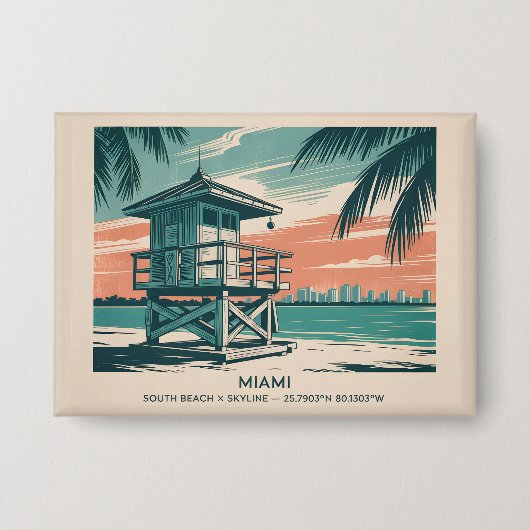 Miami Florida Travel South Beach Minimalist Retro 缶バッジ (正面)