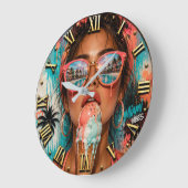 Miami Ice Cream Woman Portrait Melting Ice Cream ラージ壁時計 (傾斜)