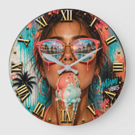 Miami Ice Cream Woman Portrait Melting Ice Cream ラージ壁時計