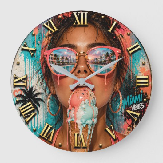 Miami Ice Cream Woman Portrait Melting Ice Cream ラージ壁時計 (正面)