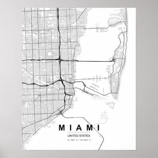 Miami Minimalist Map (Black & White) ポスター (正面)