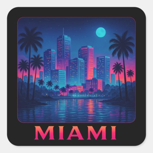 Miami Moonrise - Neon Skyline スクエアシール (正面)