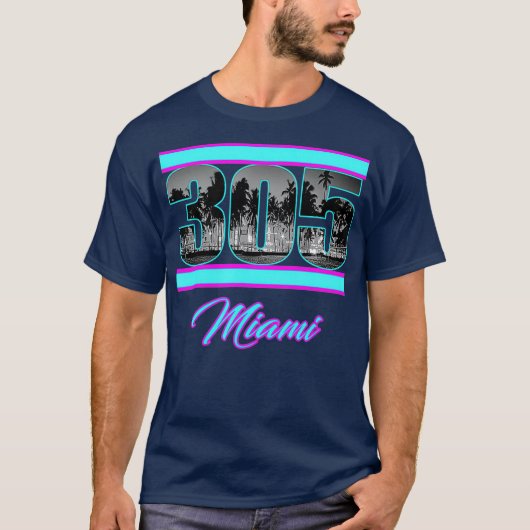 Miami Retro 305 South Beach View 80s Pink  Blue Tシャツ (正面)