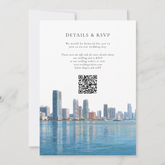 Miami Skyline Watercolor QR Code Wedding 招待状 (裏面)