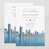 Miami Skyline Watercolor QR Code Wedding 招待状 (正面/裏面)