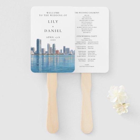 Miami Skyline Watercolor Wedding Program ハンドファン (正面&裏面)
