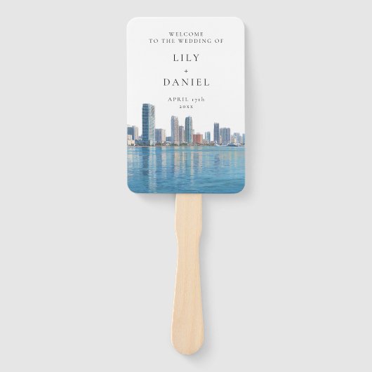 Miami Skyline Watercolor Wedding Program ハンドファン (正面)