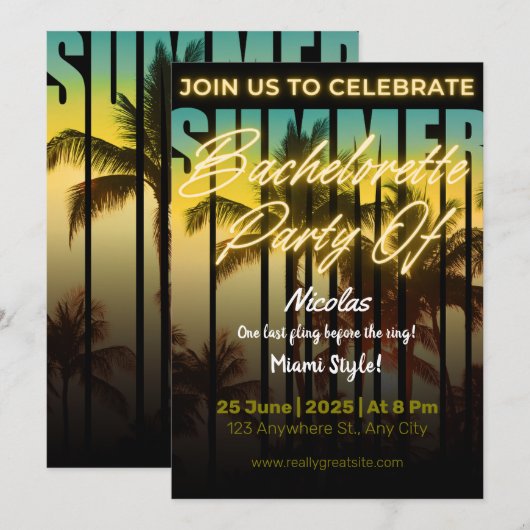 Miami Summer Girls Weekend Bachelorette Party 招待状 (正面/裏面)