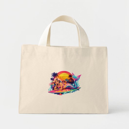 Miami Sunset Mermaid - Retro Tropical Surfboard  ミニトートバッグ (正面)