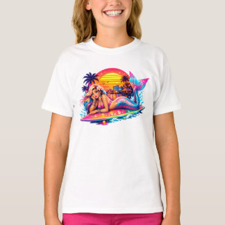 Miami Sunset Mermaid - Retro Tropical Surfboard  Tシャツ