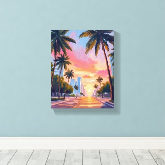 Miami Sunset Palm Trees キャンバスプリント (インサイチュ (ウッドフロア))