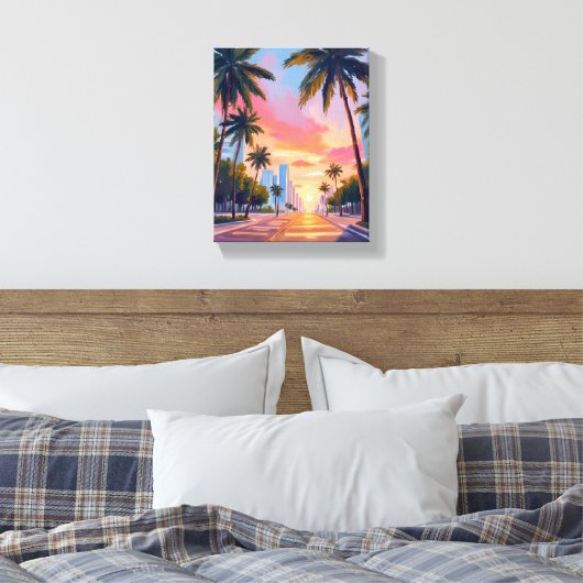 Miami Sunset Palm Trees キャンバスプリント (インサイチュ (寝室))