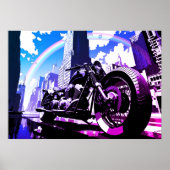 Miami Vice Synthwave Motorcycle Neon Rainbow Art ポスター (正面)