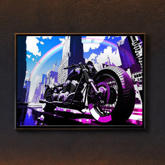 Miami Vice Synthwave Motorcycle Neon Rainbow Art ポスター