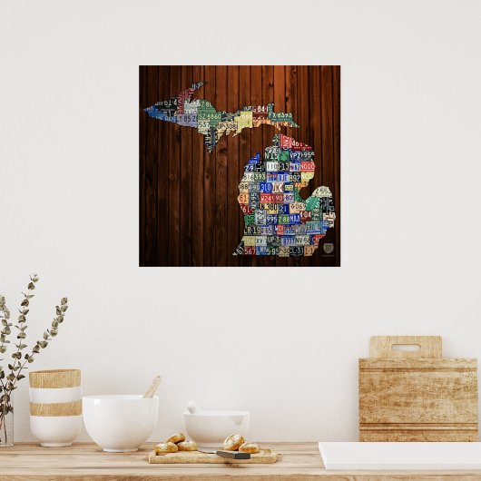 Michigan Counties License Plate Map Canvas Print ポスター (キッチン)