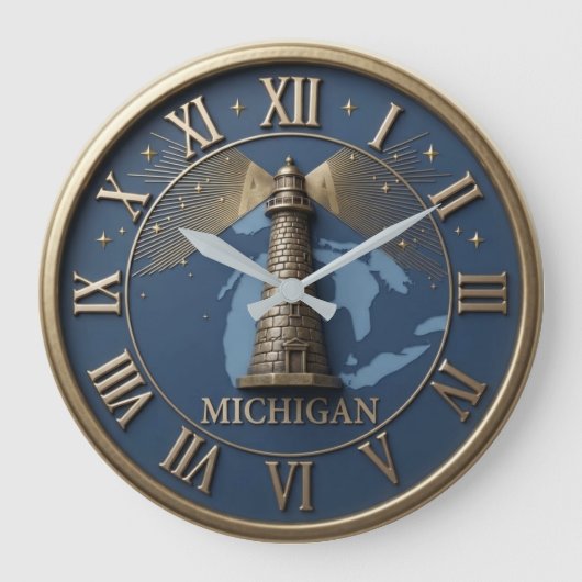 Michigan Lighthouse and State Map  ラージ壁時計 (正面)