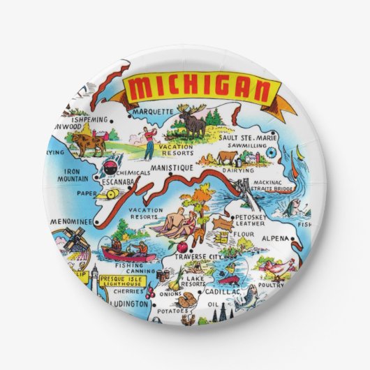 Michigan Postcard Map  ペーパープレート (正面)