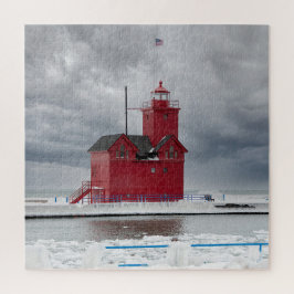 Michigan Red Lighthouse in Winter Jigsaw Puzzle ジグソーパズル