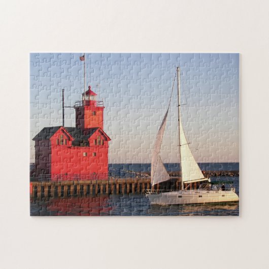 Michigan Red Lighthouse with sailboat ジグソーパズル (横)