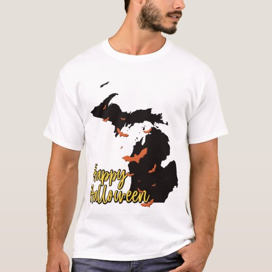 Michigan State Map Happy Halloween Bats Tシャツ (正面)