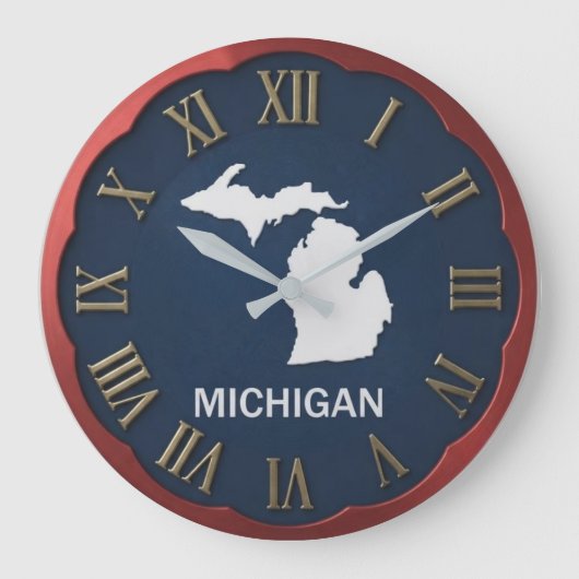 Michigan State Map Scalloped Red Bezel ラージ壁時計 (正面)