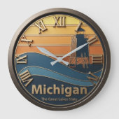 Michigan Sunset and Lighthouse Retro Waves ラージ壁時計 (正面)