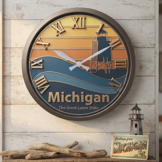 Michigan Sunset and Lighthouse Retro Waves ラージ壁時計