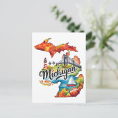 Michigan USA State Shaped Vintage Watercolor ポストカード (スタンド正面)