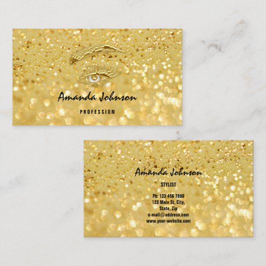 Micorblading Lash Brows Makeup Logo Gold Glitter 名刺 (正面/裏面)