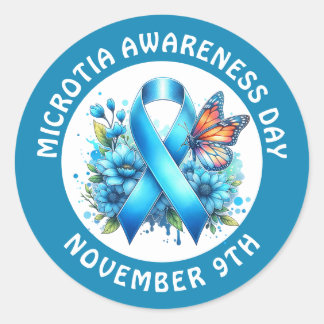 Microtia Blue Awareness Day Ribbon and Butterfly ラウンドシール