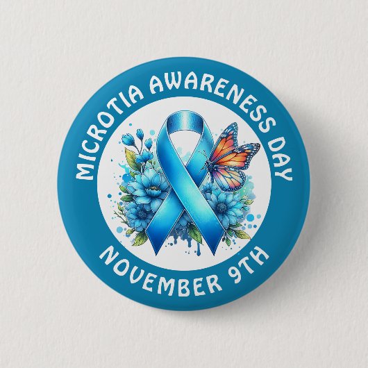 Microtia Blue Awareness Day Ribbon and Butterfly 缶バッジ (正面)