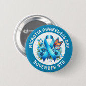 Microtia Blue Awareness Day Ribbon and Butterfly 缶バッジ (正面&裏面)