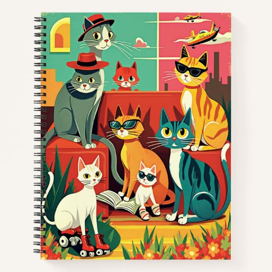 Mid Century モダン Cats on Vacation Journal ノートブック (正面)