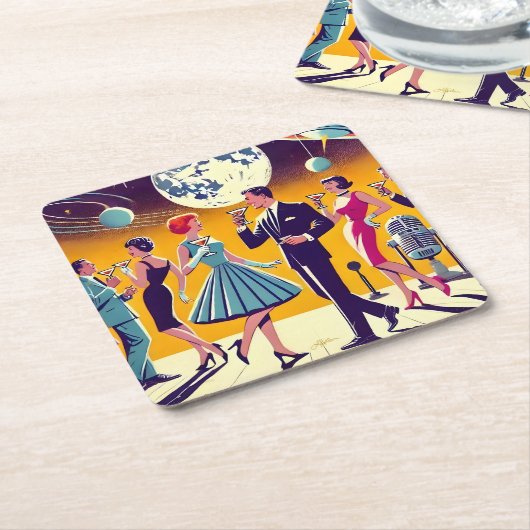 Mid Century 60s Space Age Cocktail Party スクエアペーパーコースター (アングル)