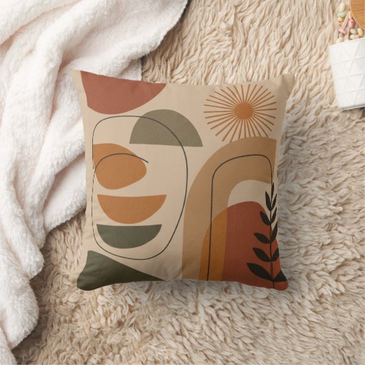Mid-Century Abstract Earth Tone Throw Pillow クッション (ブランケット)