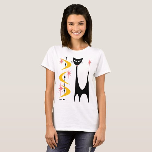 Mid Century Atomic Cat with Yellow Boomerangs Tシャツ (正面フル)