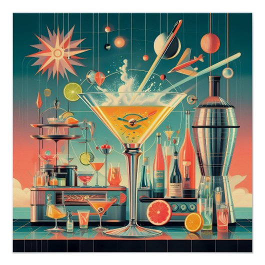 Mid Century Atomic Futuristic Citrus Martini Bar ポスター (正面)