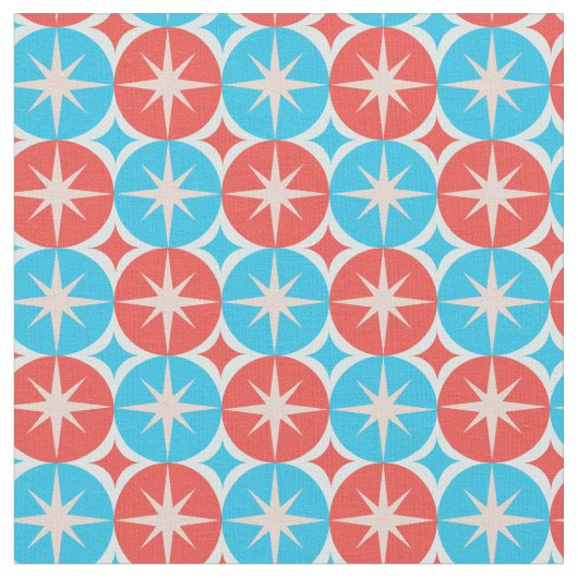 Mid Century Atomic Starbursts on Blue Red Circles ファブリック (クローズアップ)