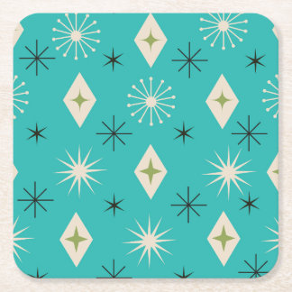 Mid Century Atomic Stars with diamonds on Teal  スクエアペーパーコースター