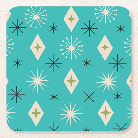 Mid Century Atomic Stars with diamonds on Teal  スクエアペーパーコースター (正面)